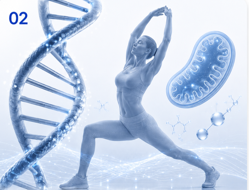 Blue-gray longevity and recovery visual with DNA strand and stretching athlete
