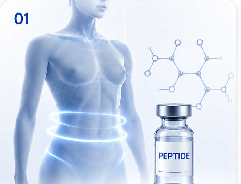 Blue-gray metabolic health visual with body silhouette and peptide vial